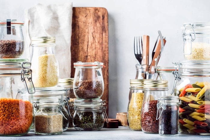Pantry Staples Stored in Clear Glass Containers with Airtight Lids