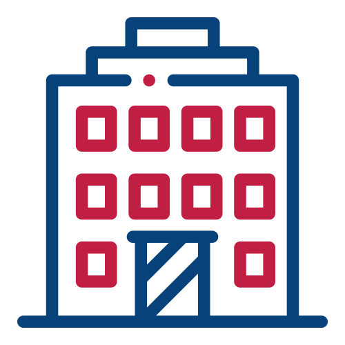 Commercial building icon, outlined in red and blue