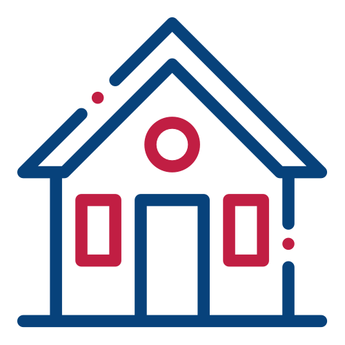 Residential home icon, outlined in red and blue