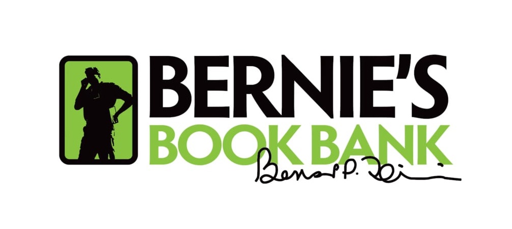 Logo for Bernie’s Book Bank featuring a silhouette of a person reading inside a green rectangle, with the name and a signature below—ideal branding inspiration for Retail Pest Products companies seeking a welcoming, community-focused image.