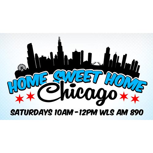 Chicago skyline silhouette with text: "Home Sweet Home Chicago, Saturdays 10AM-12PM WLS AM 890," red stars, and tips on Retail Pest Products.