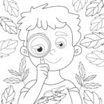 Boy Exploring The Forest. Vector Illustration For Coloring Book For Children. Black and white illustration of a child holding a magnifying glass to one eye, surrounded by leaves, wearing a shirt with an insect on it.