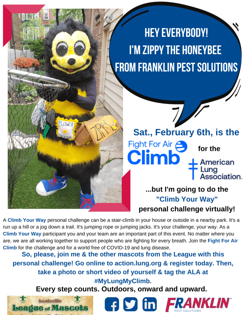 A person in a bee mascot costume holds a "Flower Patrol" sign, raising awareness for the Fight For Air Climb event by the American Lung Association and urging virtual participation due to COVID-19.