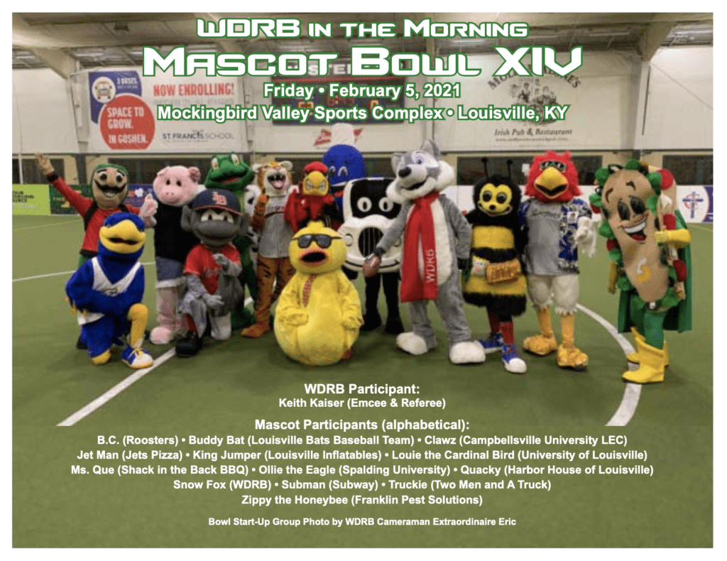 A group of sports mascots pose indoors on a turf field at Mascot Bowl XIV, raising awareness for community causes, with the event details and mascot names listed above and below the photo.