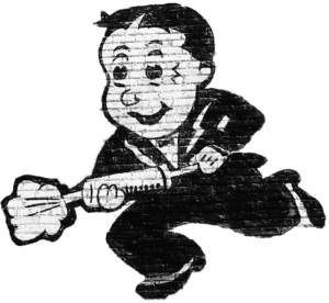 Black and white illustration of a smiling cartoon man in a suit holding a large syringe while in motion, depicted on a brick wallâan eye-catching piece reminiscent of the quirky style found in the bug girls series.