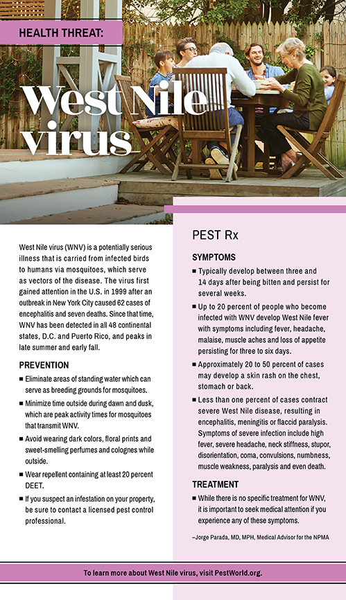 Informational poster about West Nile virus, including symptoms, prevention tips, pest control advice for Brown Bugs, and treatment information. Text and graphics are organized in purple and beige sections.