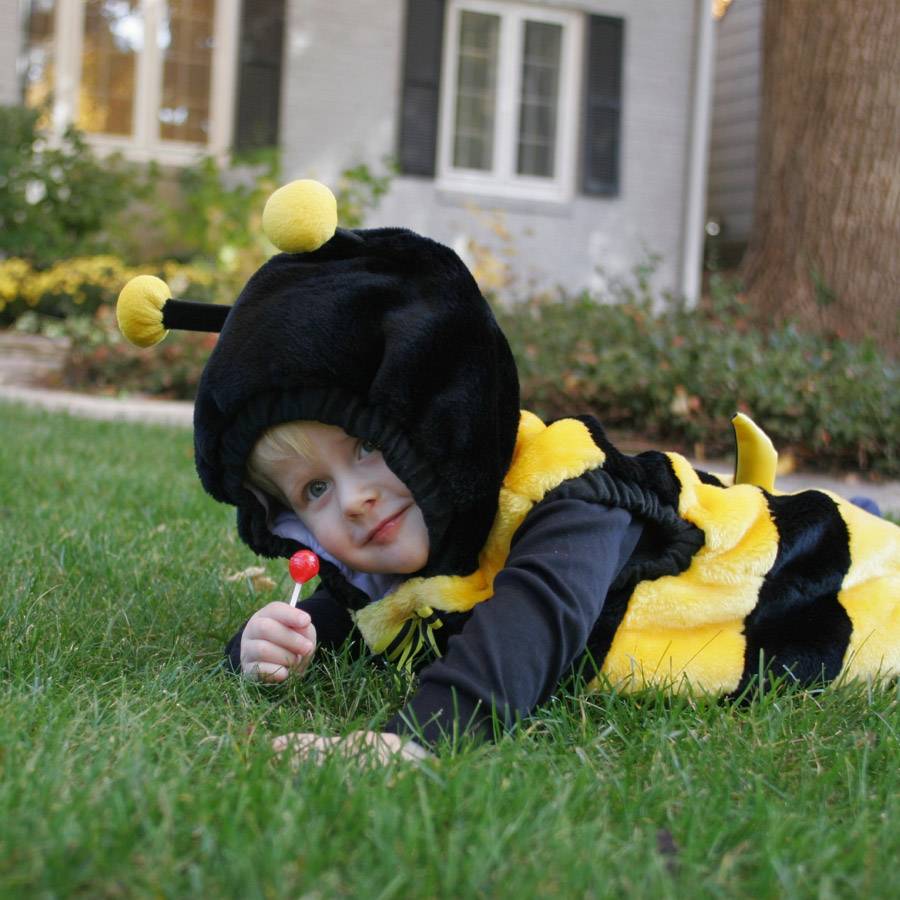 Child wearing bee costume plays in yard, Franklin Pest Solutions
