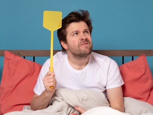 Young Man Holding A Fly Swatter Wanting To Kill Annoying Mosquito