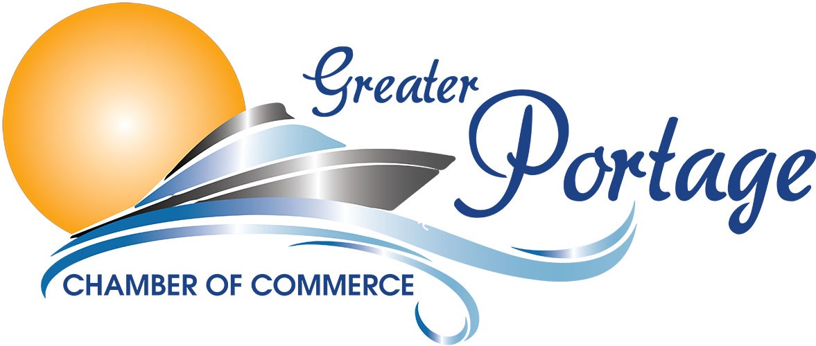 Portage Chamber logo Logo of Greater Portage Chamber of Commerce featuring a stylized boat, blue waves, and an orange sun in the background, reflecting the vibrant community served by local businesses such as Michigan City Pest Control Services.