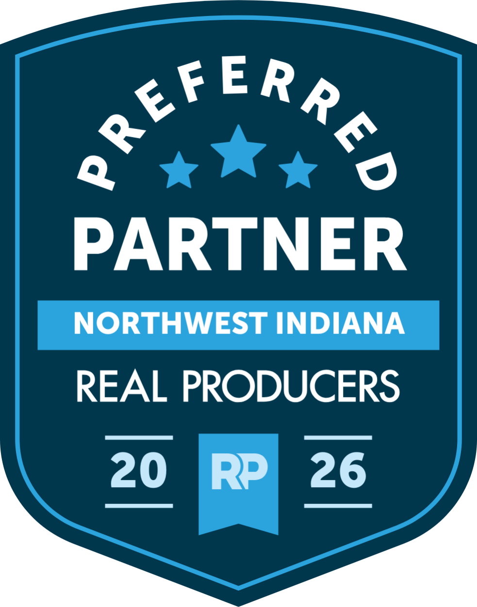 2069116290170109945 Dark blue badge with the text "Preferred Partner Northwest Indiana Real Producers 2026," three stars above "Partner," and highlighting excellence in Pest Control Services.