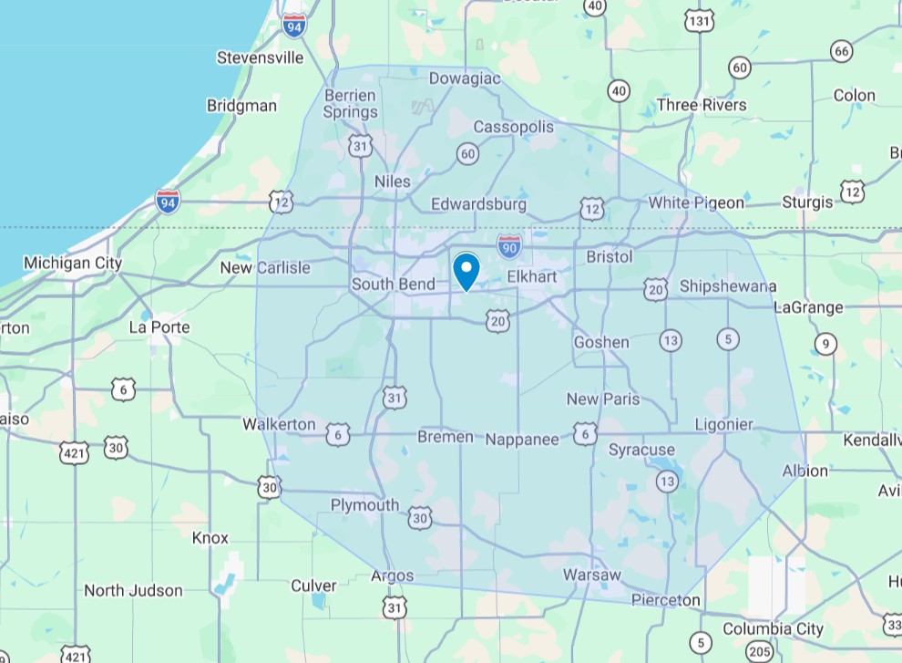 Map showing the South Bend and Elkhart area in northern Indiana, featuring a blue marker near the center and a shaded region highlighting surrounding communities serviced by South Bend Pest Control Services.