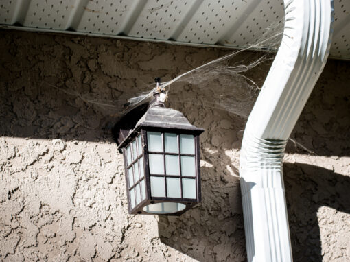 Outdoor lantern on a stucco wall under a roof eave, draped in spiderwebs, next to a white downspout in direct sunlight.