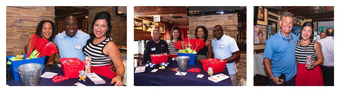 Three event photos showing attendees at a promotional booth with branded giveaway items